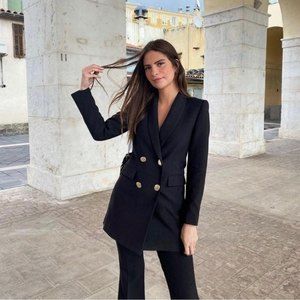 NWT * Zara Double Breasted Long Blazer Jacket Black Size S
